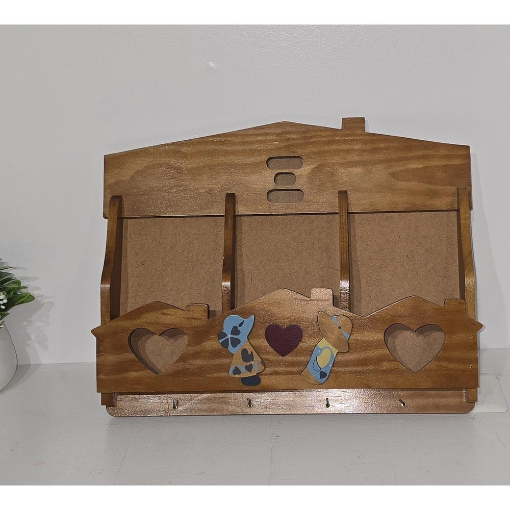 Vtg Wood Wall Mail Key Holder Organizer House Heart Sunbonnet Sue Grandmacore